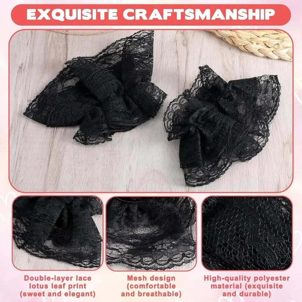 Women's Black Short Elastic Hand Sleeve Gloves Ruffled Floral Cuff Accessories